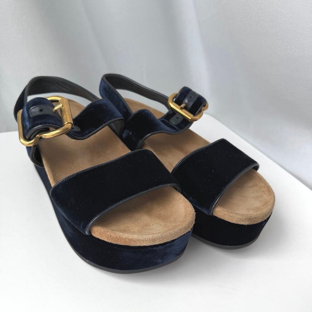 Prada (38) Navy Velvet Platform Sandals Double Strap Gold Buckle Comfortable
